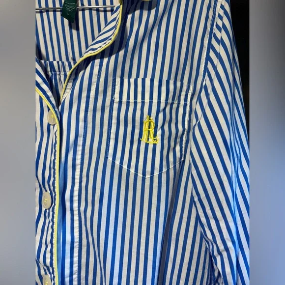 Lauren Ralph Lauren Blue and White Striped with Yellow Trim Pajamas Size Large - Picture 5 of 11